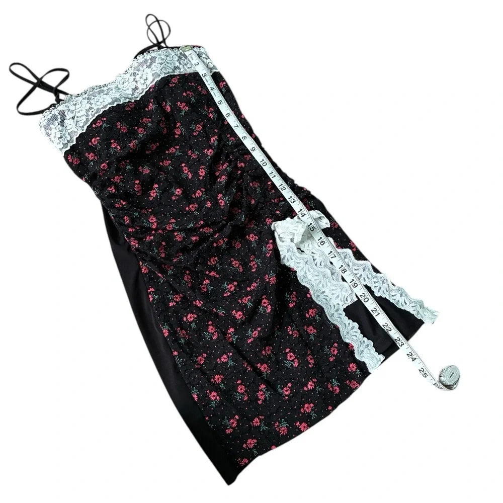 Floral Lace Trim Black Slip Dress